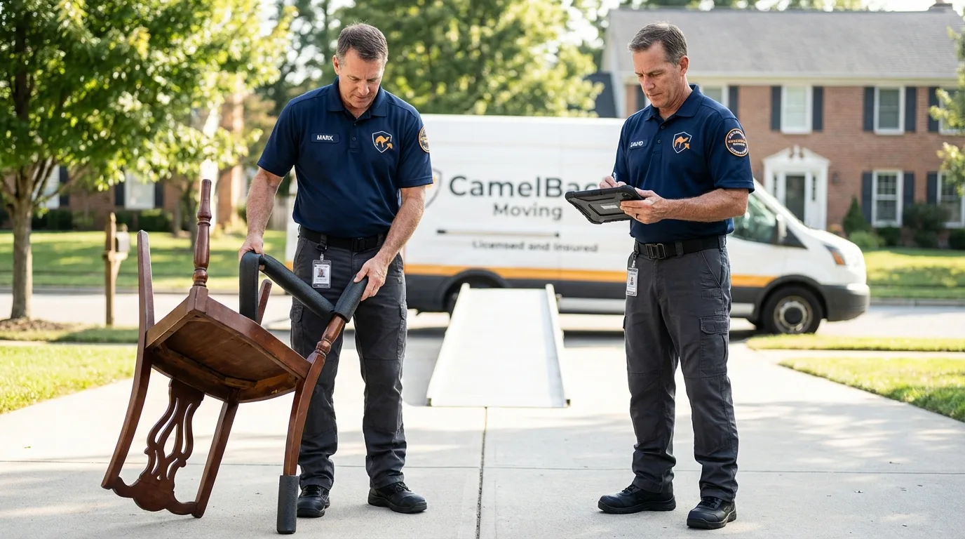 Movers inspecting furniture for damage prevention before loading in Jarrell, TX